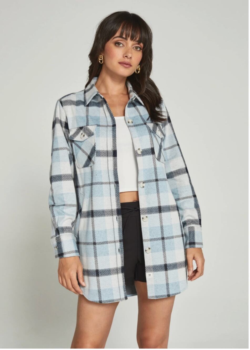 7 Diamonds Generation Plaid Soft Knit Shacket Jacket in Light Blue  // XS